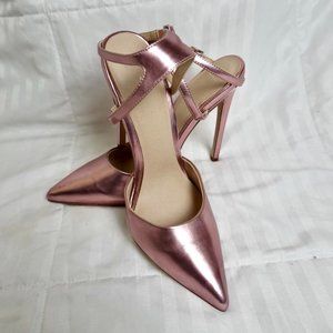 Metallic Pink, Pink Iridescent Leather Strappy Pointed Toe Pumps, Rose Gold